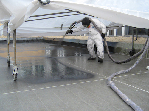 Spray on Waterproofing. Some pool bottoms use fiberglass for its smooth feel, and larger water features and slides also use it for its lightweight strength and ability to make stand alone complimentary and supplemental water features in and around pools.