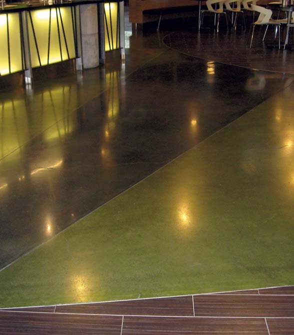 A polished Microsoft Commons floor dyed Deco-Pour Irish Moss and Granite Black. Photo courtesy of Peter Wagner, Deco-Pour Inc.