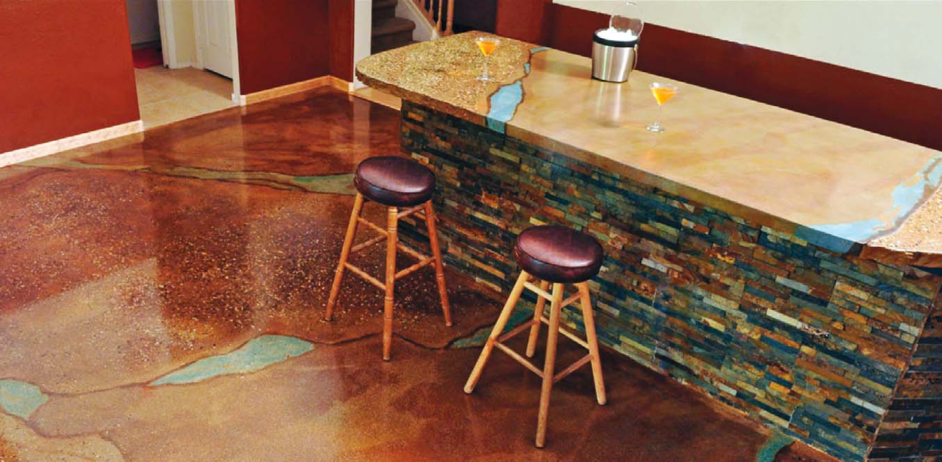 Mike Meredith, who created this matching bar and floor, took on countertop and kitchen work when business slowed at his artificial-rock and waterfall business. Photo by Bruce D. Kaplan