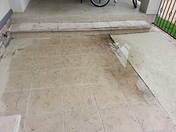 Water pooling on the surface, caused by a rotted and collapsed wood subfloor.