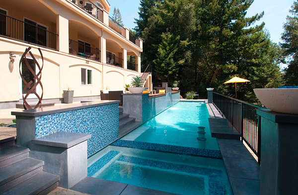 custom-engineered lap pool, deck and backyard made of decorative concrete - The customer had a general idea about what he wanted, a lap pool surrounded by attractive concrete decking with decorative features, but he didnt have a complete vision of the finished product. TRC needed to collaborate and brainstorm to come up with a viable plan.