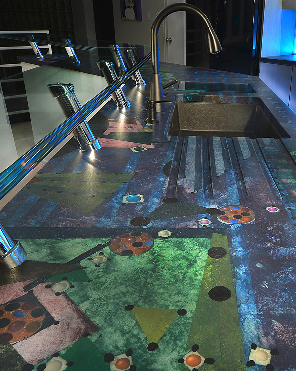 Concrete countertops inspired by artwork Photos courtesy of SunWorks, etc. LLC - SunWorks, a decorative concrete company based in Annville, Pa., had been asked to remodel the kitchen by Ellicott City architect Craig Stewart.