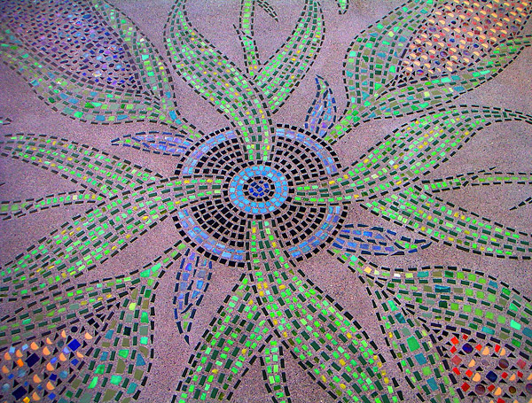 LithoMosaics concrete art - A tortoise basket and corn design (pictured here) by LithoMosaic can be seen at the Desert National Wildlife Refuge about 30 miles away. Photo by Wick Alexander