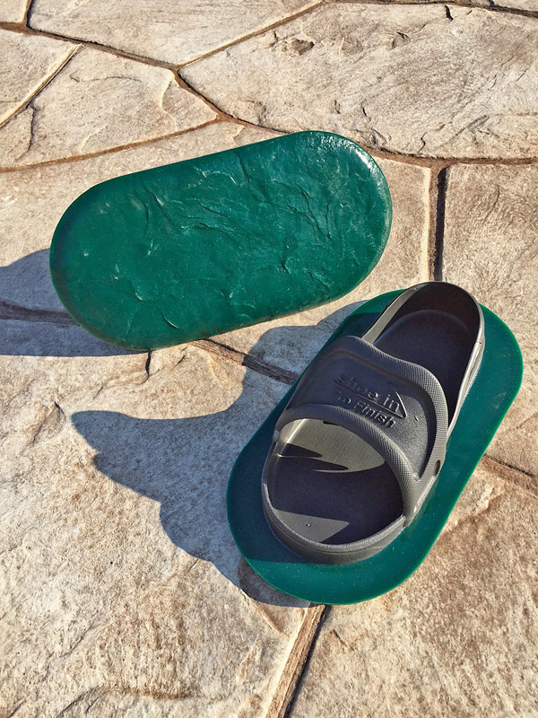 concrete texture shoes - Texture shoes allow a crew to get out on a slab as soon as possible to begin stamping. The stamping in this photo was done without a tamper.