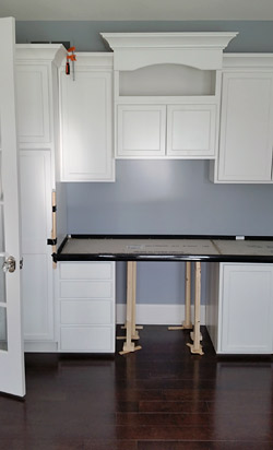 concrete countertop forms in a home office ready for concrete to be poured.