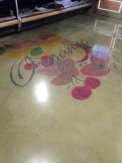 stained concrete floor with logo
