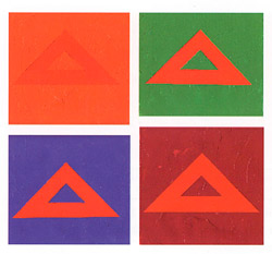 Look at the red triangles below. They were all cut from the same piece of paper and glued to background sheets of another hue. 