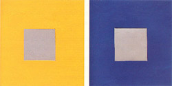 A more surprising thing happens when you take a neutral gray square and surround it with two different hues.