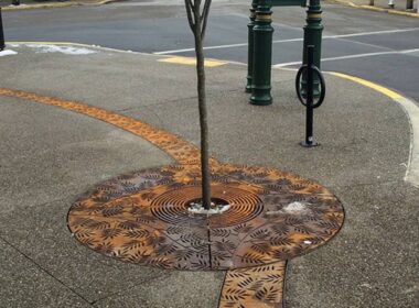 decorative concrete drain on a sidewalk