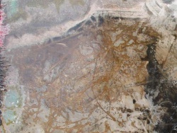 A sample board with damp rags placed on waterbased stains.