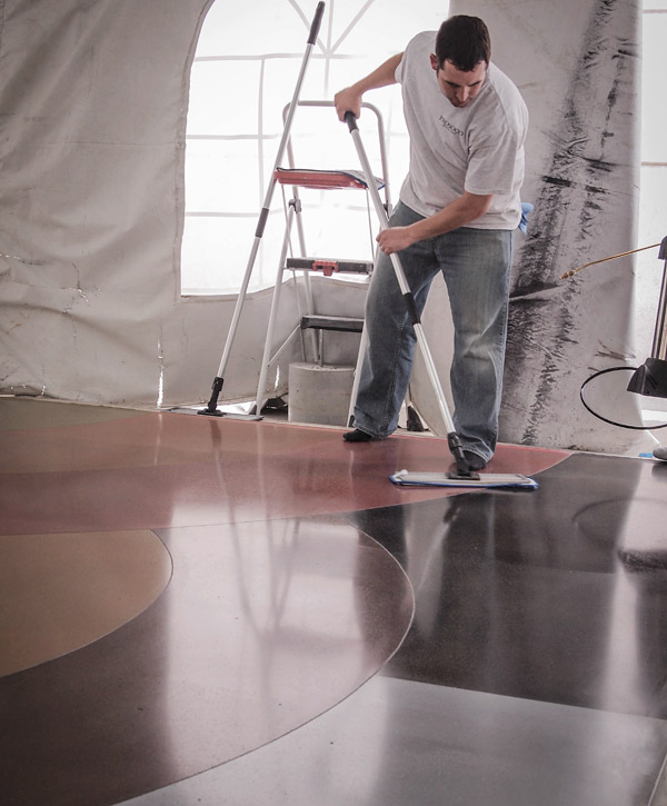 A silane-modified protective guard product, or sealer, is applied to a polished concrete floor. Many sealer options are available for decorative concrete applications, including acrylics, epoxies, polyurethanes, polyaspartics and polyureas. Photo courtesy of Prosoco