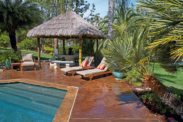 brown shimmer pool deck with canopy