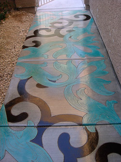 light blue and navy vine details on grey surface
