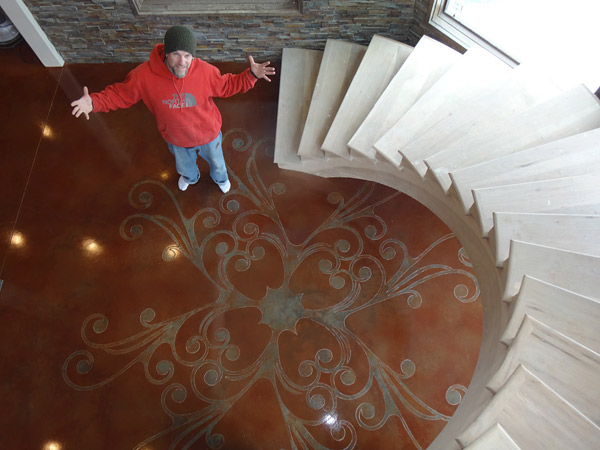 swirly brown bloor with white curved staircase