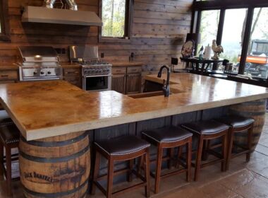 Concrete countertop in a whiskey themed kitchen