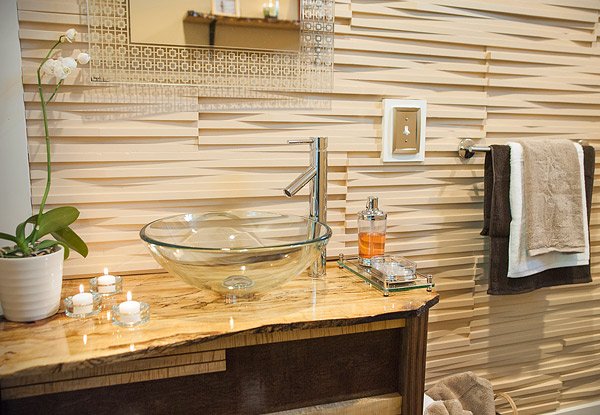 beautiful concrete countertop with striped looking wall