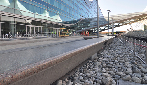 Custom-made Styrofoam forms and blockouts were made and special equipment used to polish the bull nose edges and tops of each bench.