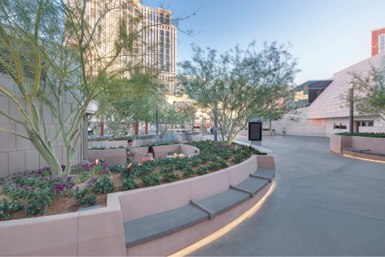 Some 18,000 square feet of poured-in-place and precast concrete walls and benches lined the walkways and featured a proprietary troweled-on finish that complemented the quarried stone flatwork.