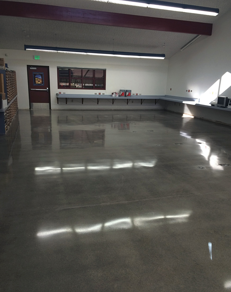 School personnel in the Elk Grove Unified School District of California are finding they can easily maintain polished floors and reap a huge savings. Pictured here are a before and after of an area in Laguna Creek High School.