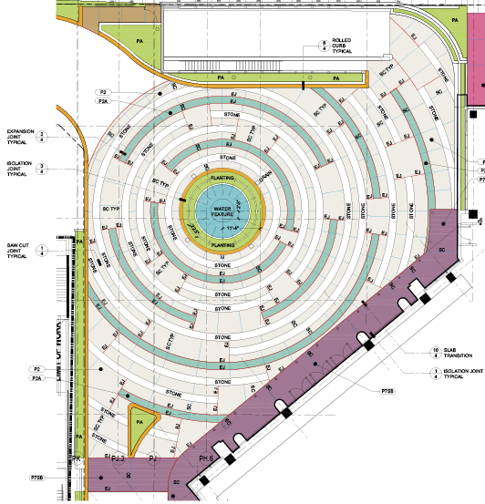 From February until June 2017, Trademark installed 10,000 square feet of its proprietary blend of EcoCast 01 white color hardener paving, 3,000 square feet of EcoCast 03 pedestrian paving and 600 linear feet of EcoCast green integral color with 1/2-inch diameter seeded green granite banding