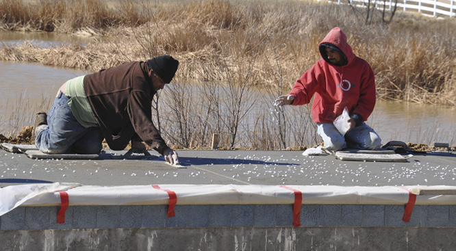 contractors installing glow-in-the-dark stones in concrete around a pool