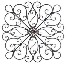 Metal scrolling wall object. The scroll is imagined as the curling end of a strip or sheet of some flat and wide material.