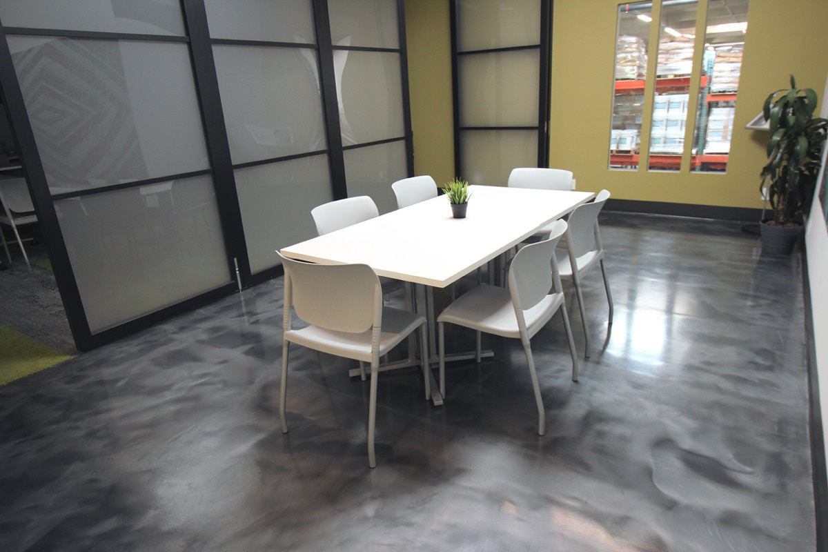 Westcoats lunchroom at the companys headquarters has a plywood substrate that was transformed into an epoxy floor with the ALX Interior system and Liquid Dazzle. Photos courtesy of Westcoat Specialty Coating Systems
