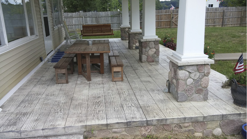 Also beginning to gain market traction is an overlay system that delivers a faux-wood surface that looks like a hardwood floor but has the durability and minimum upkeep of concrete.
