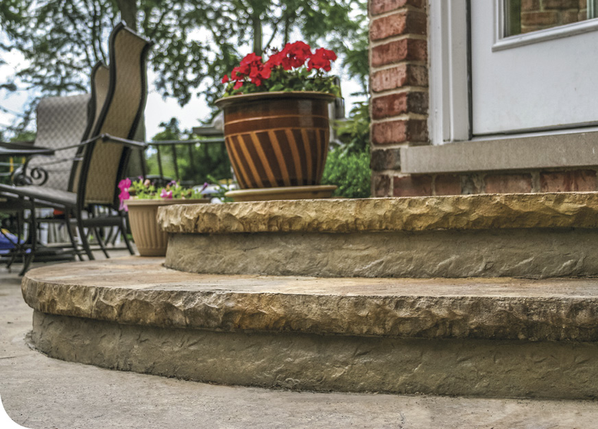 Butterfield Color has developed a product that allows users to form cantilever steps and then texture the entire step as part of the pour, rather than having to strip the form from the front of the step and run the risk of having it slump. Photos courtesy of Butterfield Color