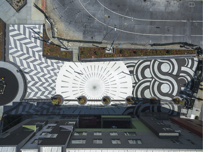 Featuring white cement, seeded aggregate, broom finishes and a quarried stone finish, Unity Plaza in San Francisco is a hub that connects businesses and residents.