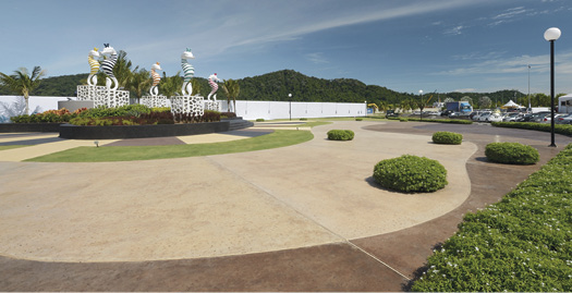 The Queensbay Sculpture Garden and walkway feature nearly 3,500 square feet of exposed aggregate to highlight the entrance of a new seafront development on Penang Island, Malaysia.