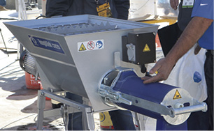 Gracos ToughTek CM20 was put to work at Decorative Concrete LIVE! A real labor- and timing-saving machine, the continuous mixer eliminates measuring and adding water by hand.