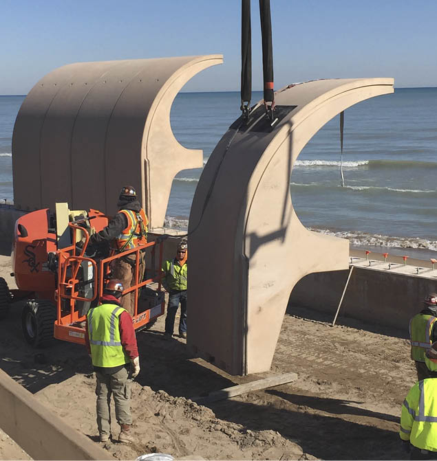 IllinoisA cresting wave cast in concrete  that was the architects solution to the threat of real waves crashing from Lake Michigan