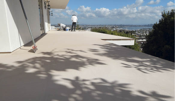 Seen here is a wooden deck in Point Loma, California, before and after Kaimana Coatings installed a decorative waterproofing system over it. Photos courtesy of Kaimana Coatings
