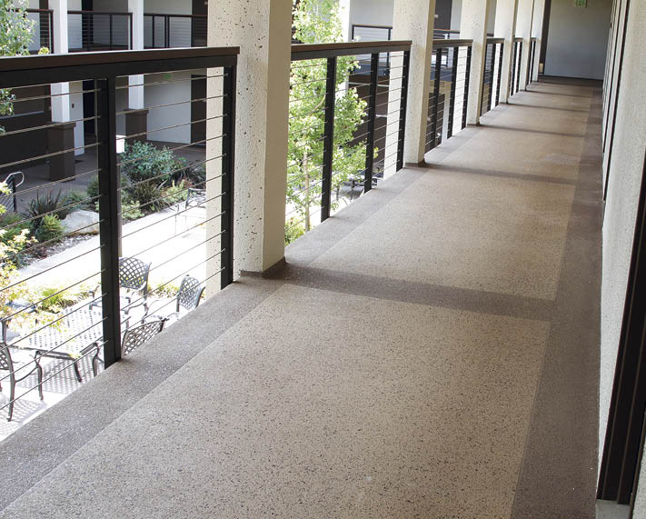  Empire Waterproofing worked on this decking at the Kellogg West Hotel and Conference Center at Cal Poly Pomona in California and finished it by applying Westcoats Texture-Crete custom system with a multicolored spray texture finish. Photo courtesy of Westcoat Specialty Coating Systems 