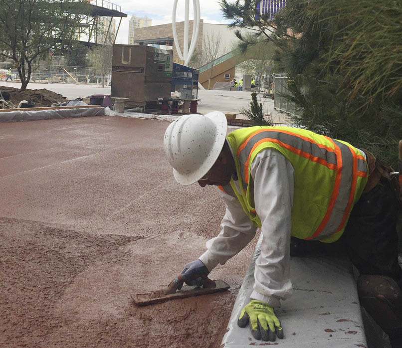 This worker is properly protected during the construction of the Las Vegas Arena. Photos courtesy of T.B. Penick & Sons