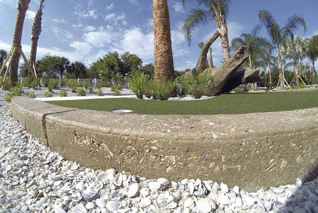 Seashell aggregate provides a connection to Floridas marine environment in these two installations by Edwards Bomanite a miniature golf course (above) and a pool deck (right) in Orlando. Photo courtesy of Edwards Bomanite