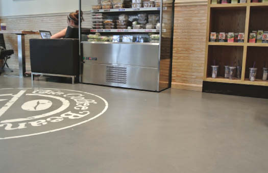 Dominick Cardone of Diversified Decorative Finishes in Brooklyn used Duraamens Skraffino concrete microtopping in The Coffee Bean, a New York City coffee shop. The floor was integrally colored with a custom blend of Duraamens Colorfast and coated with a clear water-based epoxy, followed by two coats of a water-based matte polyurethane with 240 mesh nonskid additive.