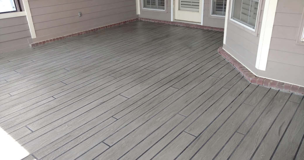 Woodplank concrete on an outdoor deck.