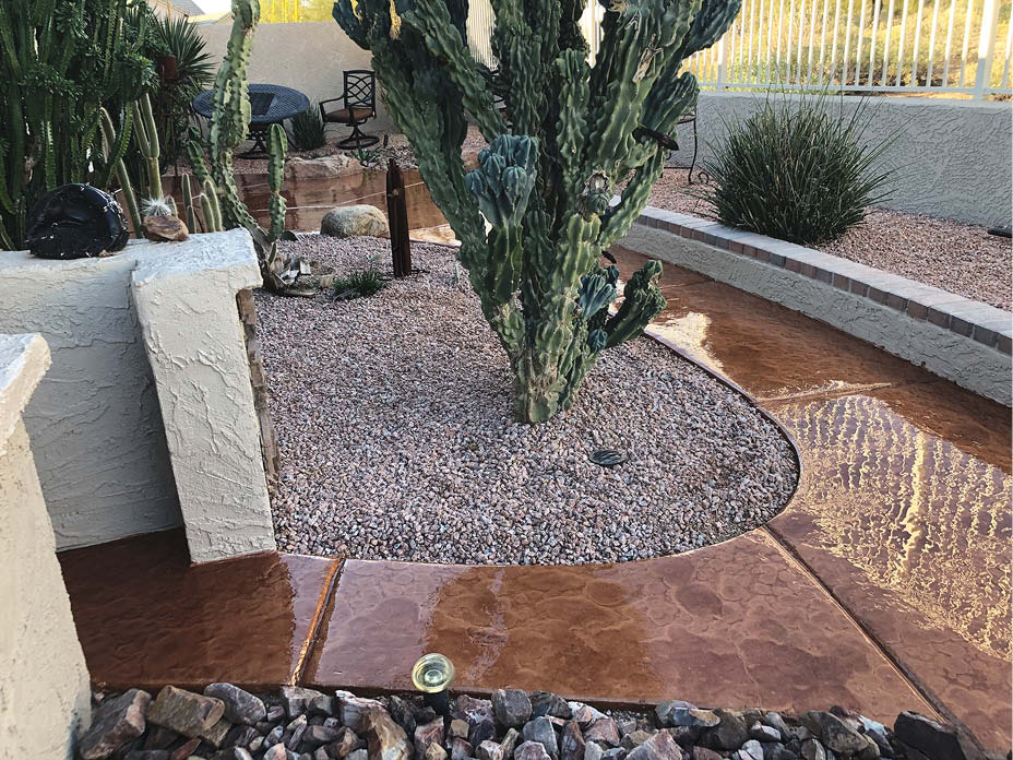 This multihued walkway was achieved with Cohills Copper metallic mixed with epoxy and top-coated with 100 percent urethane. Kopp says there are between three and six different colors in each metallic recipe resulting in various shades because of the products movement.