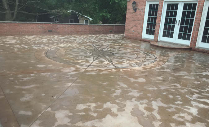 Lack of proper maintenance resulted in the need to strip and recolor this decorative installation. Sealer incompatibility and stain failure figured in the demise of the decorative treatments.