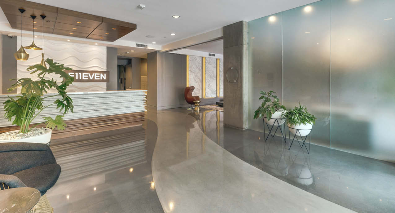 concrete overlays in a hotel lobby provide upscale and sophisticated look