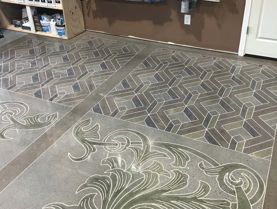 A look at the concrete floor of Decorative Concrete Institute that has been engraved and stained with geometric patterns, - old world beauty inspired