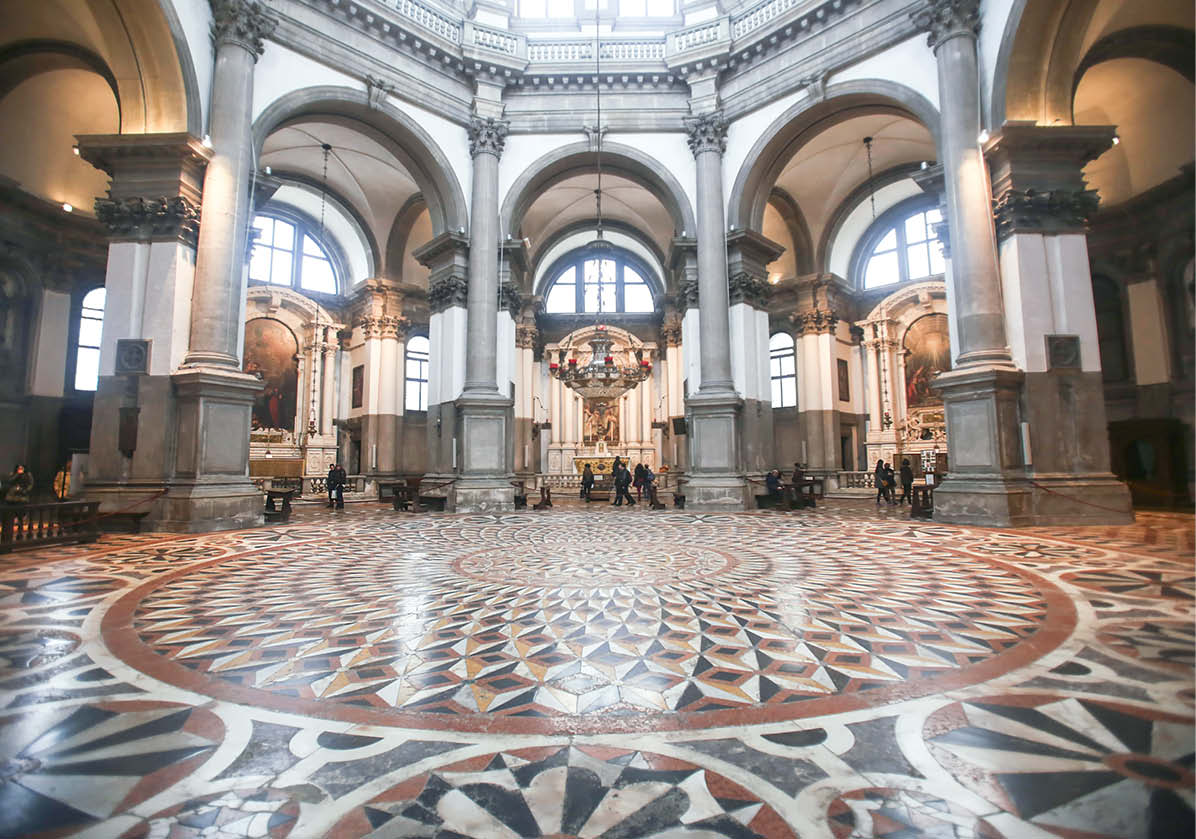 At the center of the Santa Maria della Salute, beneath a high octagonal dome, a dazzling geometrically patterned floor made with inlaid marble captured the attention of decorative concrete specialist Bob Harris and his wife, Lee Ann. - Old World Beauty