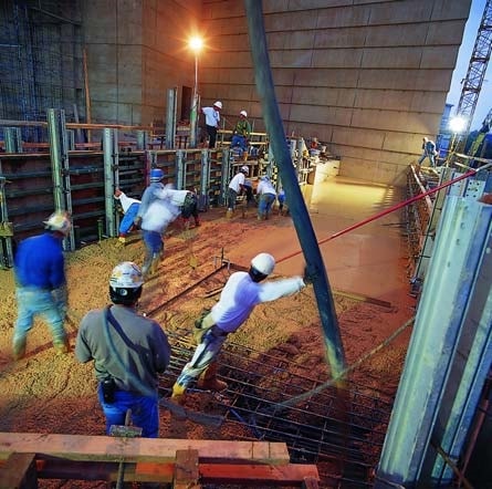 Los Angeles Cathedral built with integrally colored concrete used pump trucks to distribute the material throughout the construction process.