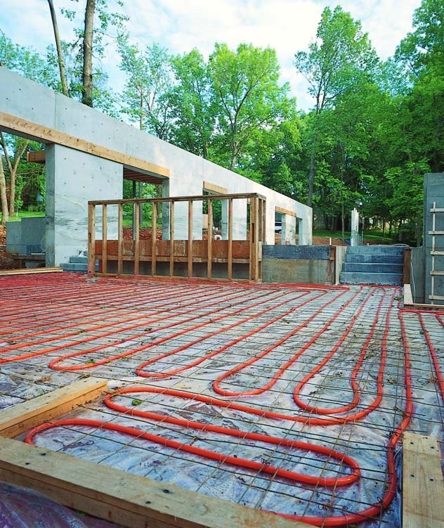 Radiant heating coils placed prior to concrete.