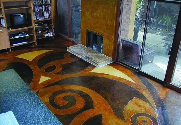 Swirling stained microtopping in a living room with radiant heat coils under neath.