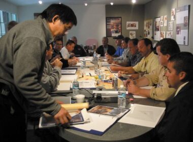 Fu-Tung Cheng training an eager group of students about the topic of concrete countertops.