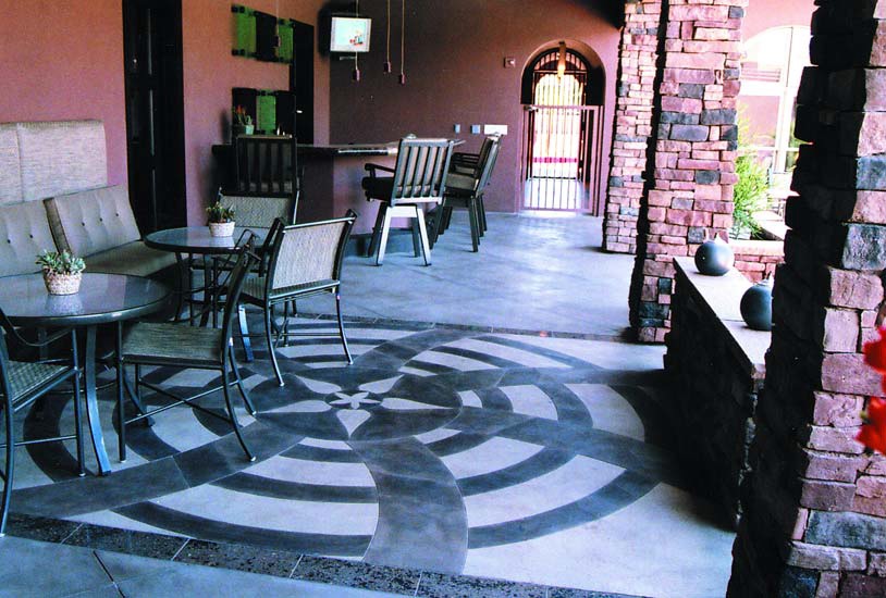 Nice layering effects can be achieved with multiple applications of a single color of stain, diluted at different rates. For example, a base layer of amber covering an entire floor might be diluted 10:1. Eighty percent of the floor might then be stained with amber diluted at 5:1. Finally, details might be added using a 2:1 dilution.