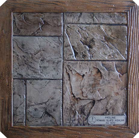 Using a Rotating Ashlar Roman Slate stamping mat on a concrete slab with the use of color hardeners and liquid release stamping agent.